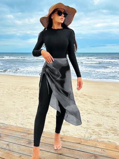 Swim Shayni طقم بوركيني لباس شاطئ عربي صيفي مؤلف من بذلة سباحة كتفية طويلة ذات لون واحد وتنورة ذات خصر رباط، قطعة واحدة