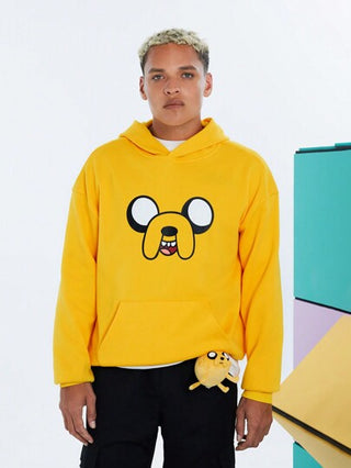 ADVENTURE TIME X SHEIN قميص كاجوال فضفاض محبوك بطبعة شخصية جاك, لون أصفر, سترة مخملية, خريف/شتاء