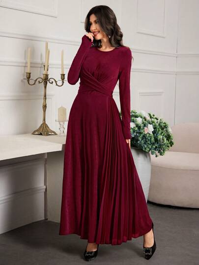 Modelyn فستان طويل أنيق للسهرة بطول كامل للنساء بلون أساسي، ياقة مستديرة وأكمام طويلة، مزين بتصميم متقاطع الخصر