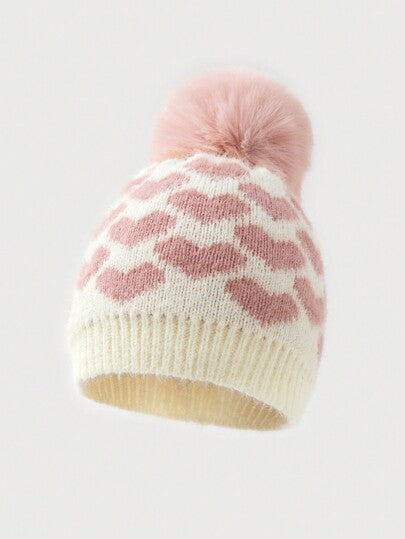 طقم مكون من قبعة و وشاح وقفازات مبطنة سميكة بنمط قلب مناسب للأطفال ل- الاستخدام اليومي