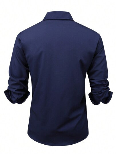 Manfinity Homme قميص كاجوال قصير الأكمام للرجال مزين بجيوب الحفلات، قميص عمل بالألوان المتناقضة لرجل العمل، للزوج