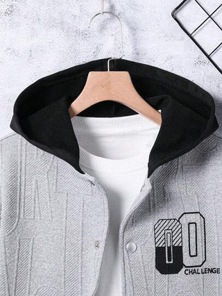 SHEIN جاكيت هودي بألوان متضاربة للفتيان في السن المتوسط في فصلي الربيع والخريف ، يحتوي على طباعة حروف وجيوب مزدوجة