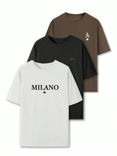 3 قطع/طقم تيشيرتات كاجوال بطباعة رسوم كرتونية بياقة دائرية وأكمام قصيرة للرجال، قمصان صيفية