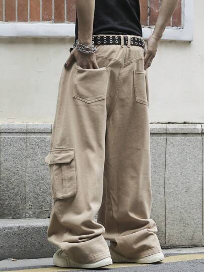 Manfinity EMRG بنطلون جينز فضفاض أخضر زيتوني للرجال، بنطلون كارجو للعمل