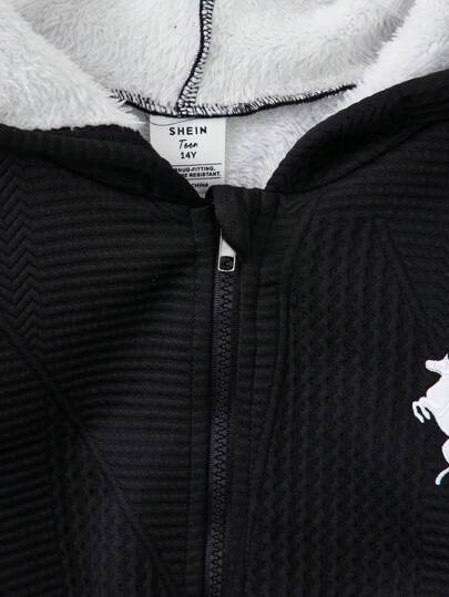 SHEIN معطف شتوي مبطن بقلنسوة للمراهقين الذكور، مزين بطبعة الحصان المطرزة، مناسب لفصلي الخريف والشتاء