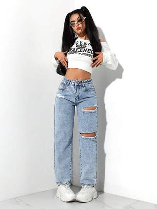 PETITE بنطال جينز نسائي بجيوب ممزق ساق مستقيمة فضفاضة كاجوال