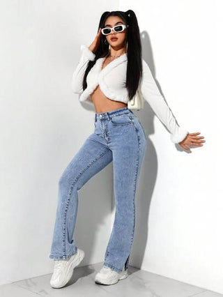 PETITE بنطلون جينز نسائي واسع مع جيوب للاستخدام اليومي