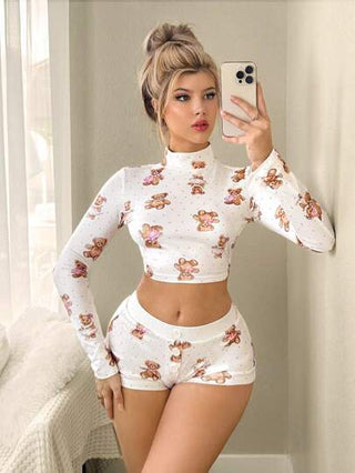 Sweetina تي شيرت نوم نسائي بنقشة الدب الكرتونية نقاط كبيرة أكمام طويلة ظهر مفتوح، طباعة دب كيوت Y2K ، نسائي ، خريف