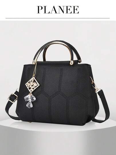 حقيبة يد أنيقة بتفاصيل مبطنة ، حقيبة عمل ذات مقبضين عصرية ، حقيبة كتف نسائية من جلد اصطناعي ، حقيبة كتف وحقيبة للحمل عبر الجسم