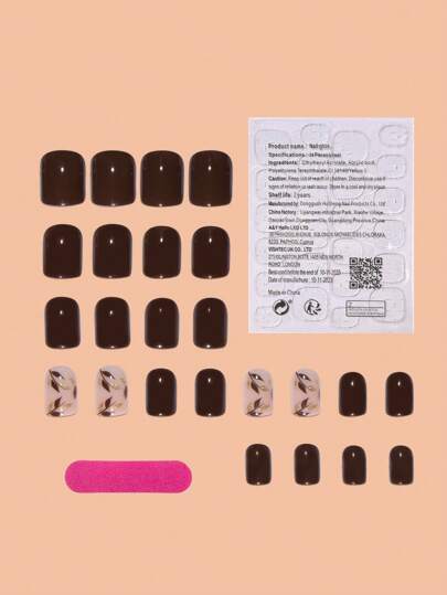 24 قطعة أظافر مربعة قصيرة بطبقة لامعة جاهزة للضغط، باللون البني مع تصميم أوراق ذهبية لامعة، للنساء والفتيات مناسبة لفصلي الخريف والشتاء