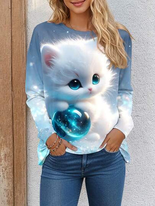 INAWLY تي شيرت تي شيرت كاجوال بياقة طويلة للنساء مطبوع عليه طبعة 3D قطة، تيشيرت جرافيكي لربيع المرأة
