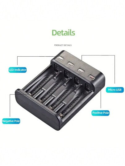 شاحن USB ب- 4 فتحات يمكنه شحن بطاريات AA و AAA باستخدام بطاريات قابلة للشحن NI-MH 1.2 فولت، ذو خرج تيار عالي، مع إضاءة خضراء تشير إلى الشحن الكامل، جهد التشغيل ≤36 فولت، البطارية غير مشمولة