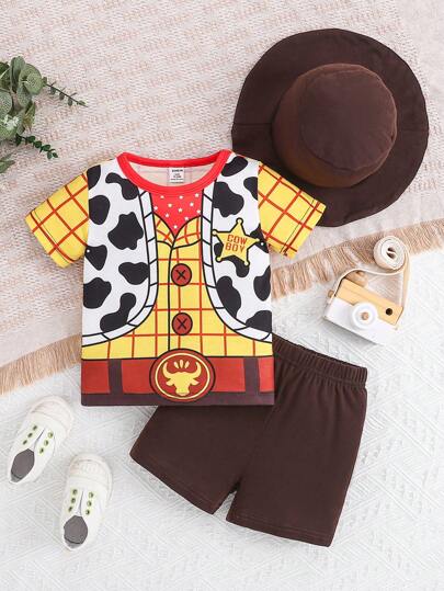2 قطعة بدلة للأولاد الصغار: ملابس علوية طباعة بقرة بياقة مستديرة وأكمام قصيرة وشورت خصر مطاطي، بتصميم غربي كاجوال على طريقة بدلة الرعاة، ناعمة ومنفذة للهواء، وصول جديد لربيع/صيف