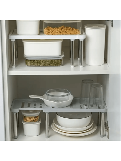 رف منظم للمطبخ قابل للتوسيع - مقاوم للماء، رف تخزين متعدد الطبقات للأطباق والأواني، تصميم موفر للمساحة مع صينية تصريف، مثالي للخزائن وأسطح العمل، قطعة واحدة، خطافات متعددة الاستخدامات، تخزين لعيد الأضحى