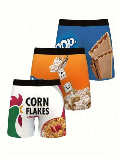 3 قطع/عبوة ملابس داخلية رجالي كاجوال مطبوعة بطباعة ثلاثية الأبعاد على شكل وجبات خفيفة ورقمية