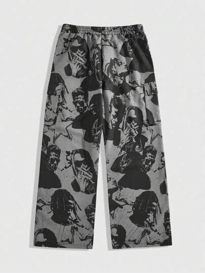 ROMWE MEN Street Life بنطلون طويل مطبوع بالكامل للرجال، ذو خصر بحبل جذاب