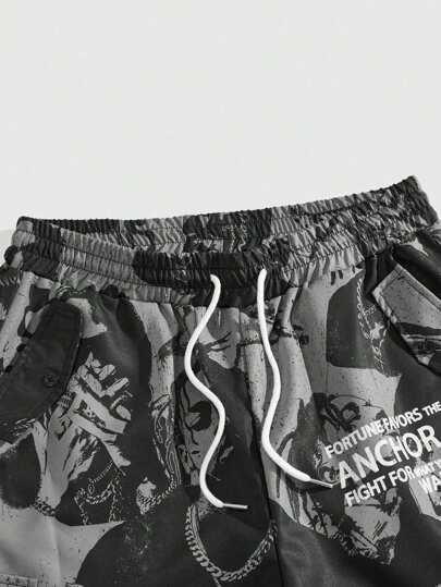 ROMWE MEN Street Life بنطلون طويل مطبوع بالكامل للرجال، ذو خصر بحبل جذاب