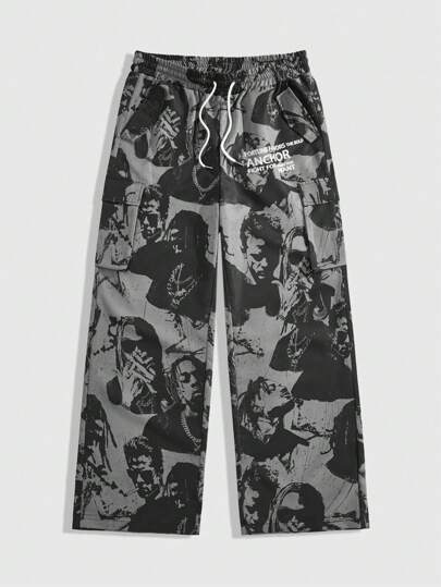 ROMWE MEN Street Life بنطلون طويل مطبوع بالكامل للرجال، ذو خصر بحبل جذاب