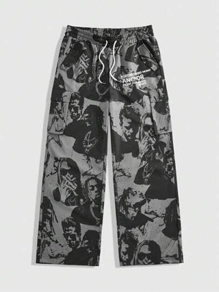 ROMWE MEN Street Life بنطلون طويل مطبوع بالكامل للرجال، ذو خصر بحبل جذاب