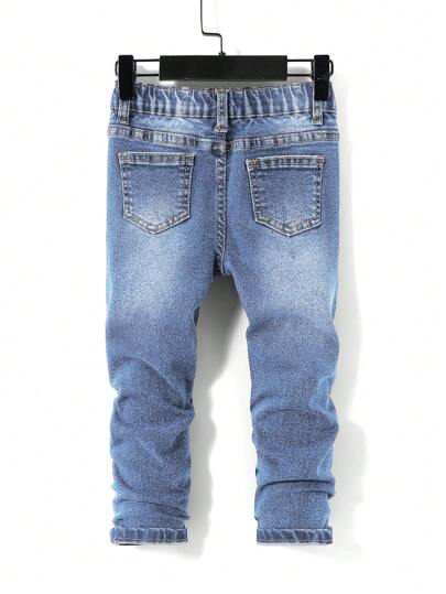 SHEIN زي واحد للفتى الصغير, بنطلون جينز ذو تصميم غسيل داكن مريح ومنعش لون أزرق، بخاصية المطاطية للارتداء اليومي والعودة إلى المدرسة