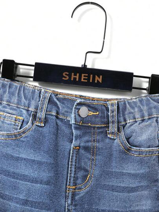 SHEIN زي واحد للفتى الصغير, بنطلون جينز ذو تصميم غسيل داكن مريح ومنعش لون أزرق، بخاصية المطاطية للارتداء اليومي والعودة إلى المدرسة