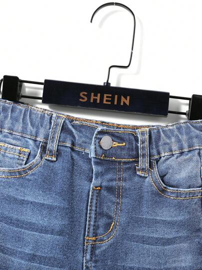 SHEIN زي واحد للفتى الصغير, بنطلون جينز ذو تصميم غسيل داكن مريح ومنعش لون أزرق، بخاصية المطاطية للارتداء اليومي والعودة إلى المدرسة