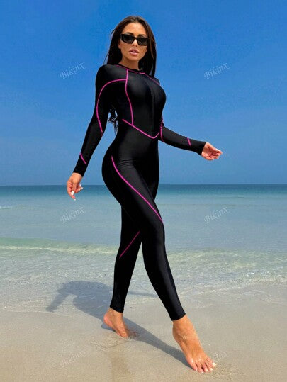 مايوه حريمي قطعة واحدة Bikinx ملابس سباحة قطعة واحدة بياقة طويلة مع سحاب، بتصميم رياضي، ذات ألوان قاعدة متماسكة مع حافة نحيفة متباينة، مناسبة للصيف