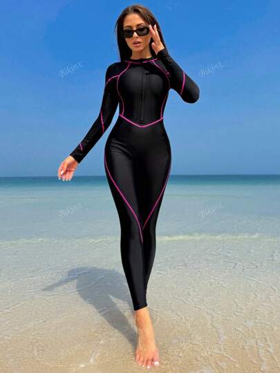 مايوه حريمي قطعة واحدة Bikinx ملابس سباحة قطعة واحدة بياقة طويلة مع سحاب، بتصميم رياضي، ذات ألوان قاعدة متماسكة مع حافة نحيفة متباينة، مناسبة للصيف