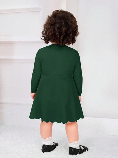 فساتين بيبي فستان أنيق وظريف بأكمام طويلة ذو طرف موجي للبنات الصغار في فصل الخريف وأعياد الميلاد، موحد اللون