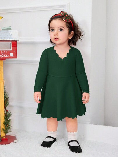 فساتين بيبي فستان أنيق وظريف بأكمام طويلة ذو طرف موجي للبنات الصغار في فصل الخريف وأعياد الميلاد، موحد اللون