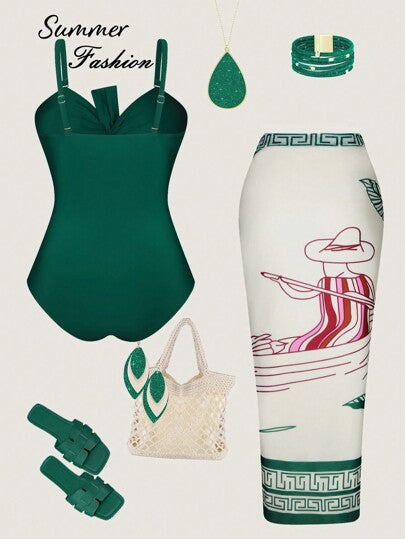 Swim Oasis بدلة سباحة قطعة واحدة باللون الأحادي ذات مقاس كبير + حجاب واجونة مطبوعين مجموعة صيفية