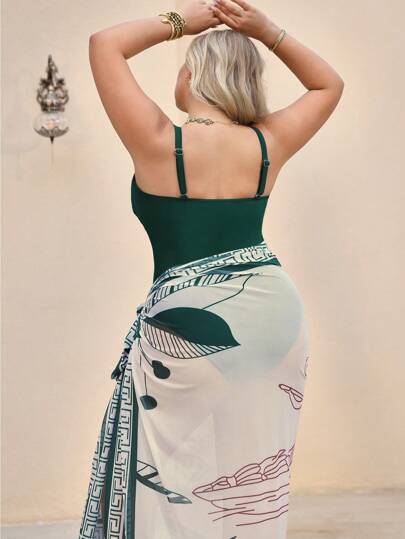 Swim Oasis بدلة سباحة قطعة واحدة باللون الأحادي ذات مقاس كبير + حجاب واجونة مطبوعين مجموعة صيفية