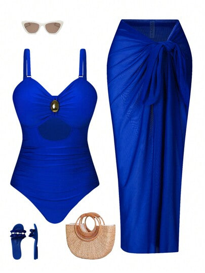 Swim Oasis بلس سايز تانكيني صيفي بألوان صلبة مفرغة + تنورة كاب للتغطية، طقم مميز للصيف