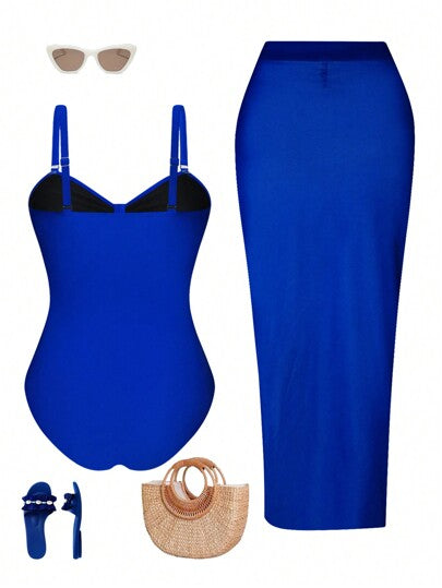 Swim Oasis بلس سايز تانكيني صيفي بألوان صلبة مفرغة + تنورة كاب للتغطية، طقم مميز للصيف