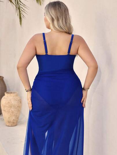 Swim Oasis بلس سايز تانكيني صيفي بألوان صلبة مفرغة + تنورة كاب للتغطية، طقم مميز للصيف