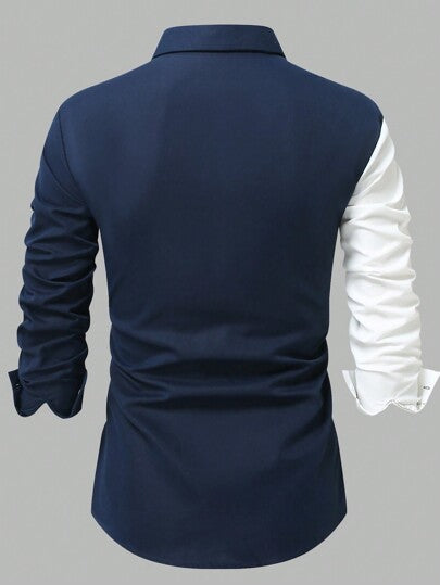 Manfinity Homme قميص كاجوال بأكمام طويلة للرجال بطبعة حرفية وألوان متباينة أحادي الصدر مناسب للخريف