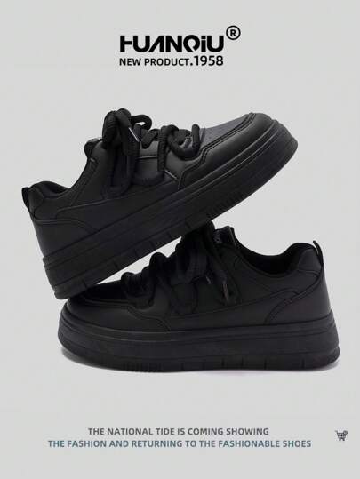 HUANQIU أحذية رياضية كاجوال بنعل سميك للنساء متعددة الاستخدامات مريحة، لون أبيض مناسبة لجميع المواسم، لون أسود، أحذية رياضية مدرسية مسطحة