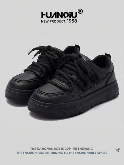 HUANQIU أحذية رياضية كاجوال بنعل سميك للنساء متعددة الاستخدامات مريحة، لون أبيض مناسبة لجميع المواسم، لون أسود، أحذية رياضية مدرسية مسطحة