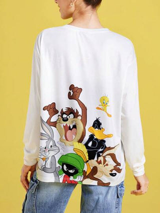 LOONEY TUNES X تيشيرت أبيض فضفاض طويل الأكمام بطبعة حرفية كرتونية ، ربيعي وخريفي ، لوقت الفراغ