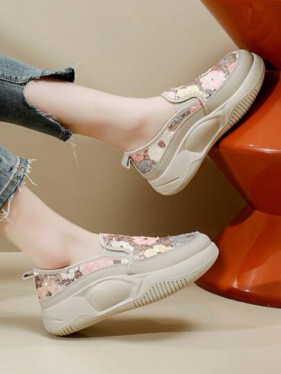 أحذية رياضية كاجوال صيفية للنساء بدون ربط، أحذية مسطحة بزخارف من الترتر الزهرية، أنيقة ومريحة