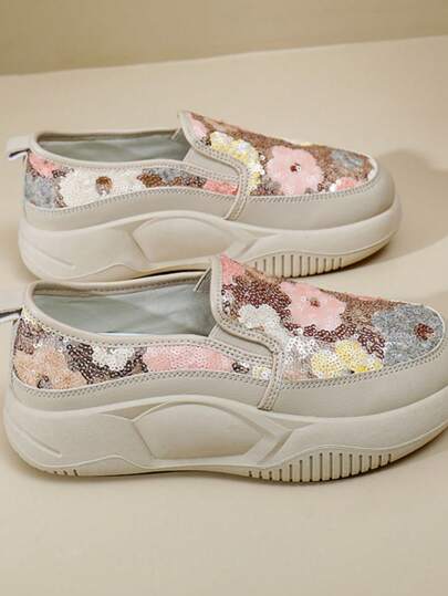 أحذية رياضية كاجوال صيفية للنساء بدون ربط، أحذية مسطحة بزخارف من الترتر الزهرية، أنيقة ومريحة