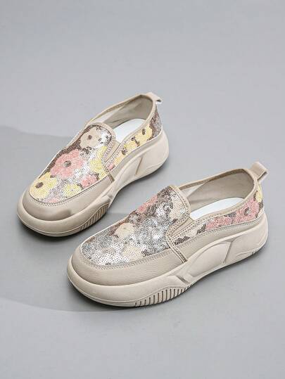 أحذية رياضية كاجوال صيفية للنساء بدون ربط، أحذية مسطحة بزخارف من الترتر الزهرية، أنيقة ومريحة