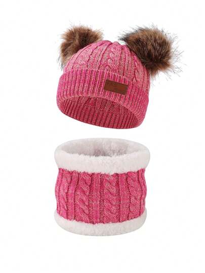 مجموعة قبعة وأوشحة وقفازات كابل مزينة بالكرات 3 قطع دافئة للأطفال، مناسبة لصبية وبنات تتراوح أعمارهم من 3 إلى 8 سنوات للاستخدام اليومي