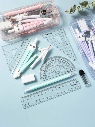 9 قطعة/مجموعة مستلزمات للطالب بقائمة تشمل: بروتركتور ، مثلث ، مسطرة زاوية ، مسطرة لحامل القلم ، أدوات قرطاسية متعددة الوظائف للامتحانات والتعلم