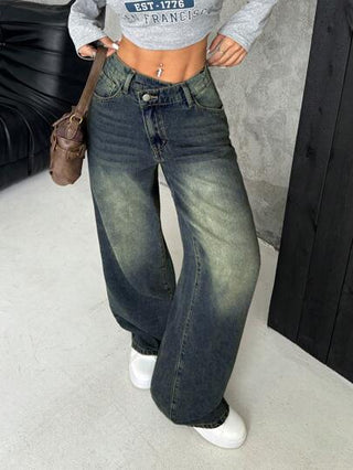 PETITE سروال نسائي أرجل واسعة من الجينز السميك مع زر مائل، لون أزرق