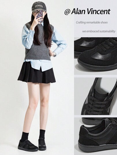 Alan Vincent أحذية كاجوال سوداء للنساء موديل ربيع 2025، أحذية رياضية مسطحة ومريحة، أحذية مناسبة للاستخدام اليومي والسهرات، أحذية قائد الجيش الألماني عصرية