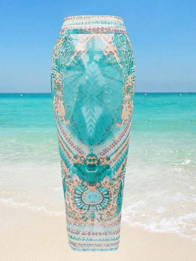 Swim Oasis فستان نسائي من مقاس كبير بطراز بوهيمي قديم ذو طباعة مميزة طويل ، طراز عطلة أنيق مع رباط للصيف