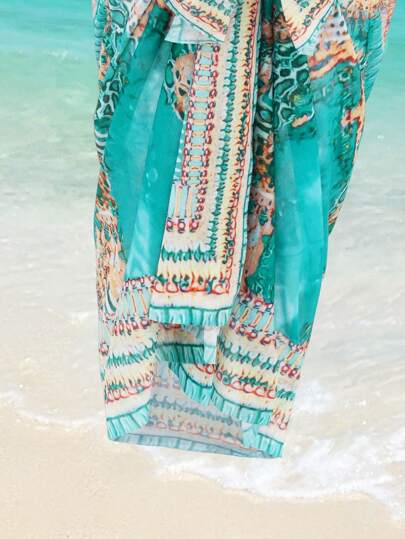 Swim Oasis فستان نسائي من مقاس كبير بطراز بوهيمي قديم ذو طباعة مميزة طويل ، طراز عطلة أنيق مع رباط للصيف