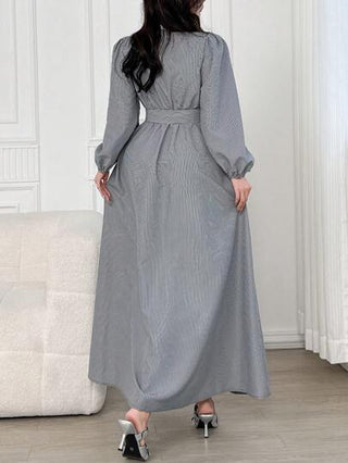 Modelyn فستان قميص أنيق ذو أكمام منتفخة مزين بخطوط، أزرار أمامية، للخريف