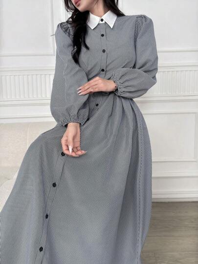 Modelyn فستان قميص أنيق ذو أكمام منتفخة مزين بخطوط، أزرار أمامية، للخريف